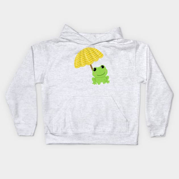 Frog under beach umbrella Kids Hoodie by Becky-Marie